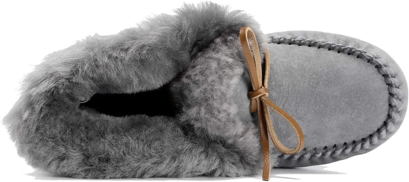 U-lite Women's Moccasin Slippers with Warm Wool Lining, Pigskin Leather Non-Slip Rubber Sole for Indoor and Outdoor Casual Winter Flat Shoes