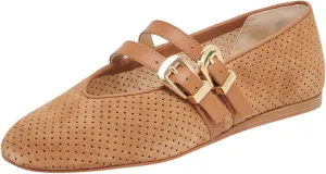 UBWDU Suede Mary Jane Flats for Women Perforated Round Toe Ballet Flats Comfortable Ballerina Shoes with Double Buckle Strap
