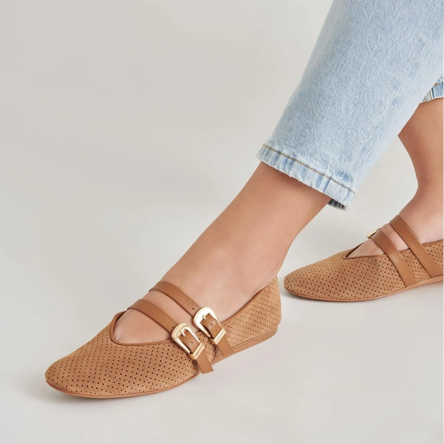UBWDU Suede Mary Jane Flats for Women Perforated Round Toe Ballet Flats Comfortable Ballerina Shoes with Double Buckle Strap