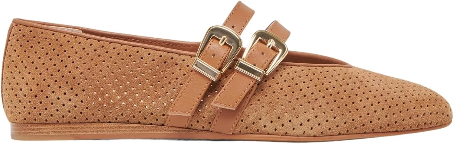 UBWDU Suede Mary Jane Flats for Women Perforated Round Toe Ballet Flats Comfortable Ballerina Shoes with Double Buckle Strap