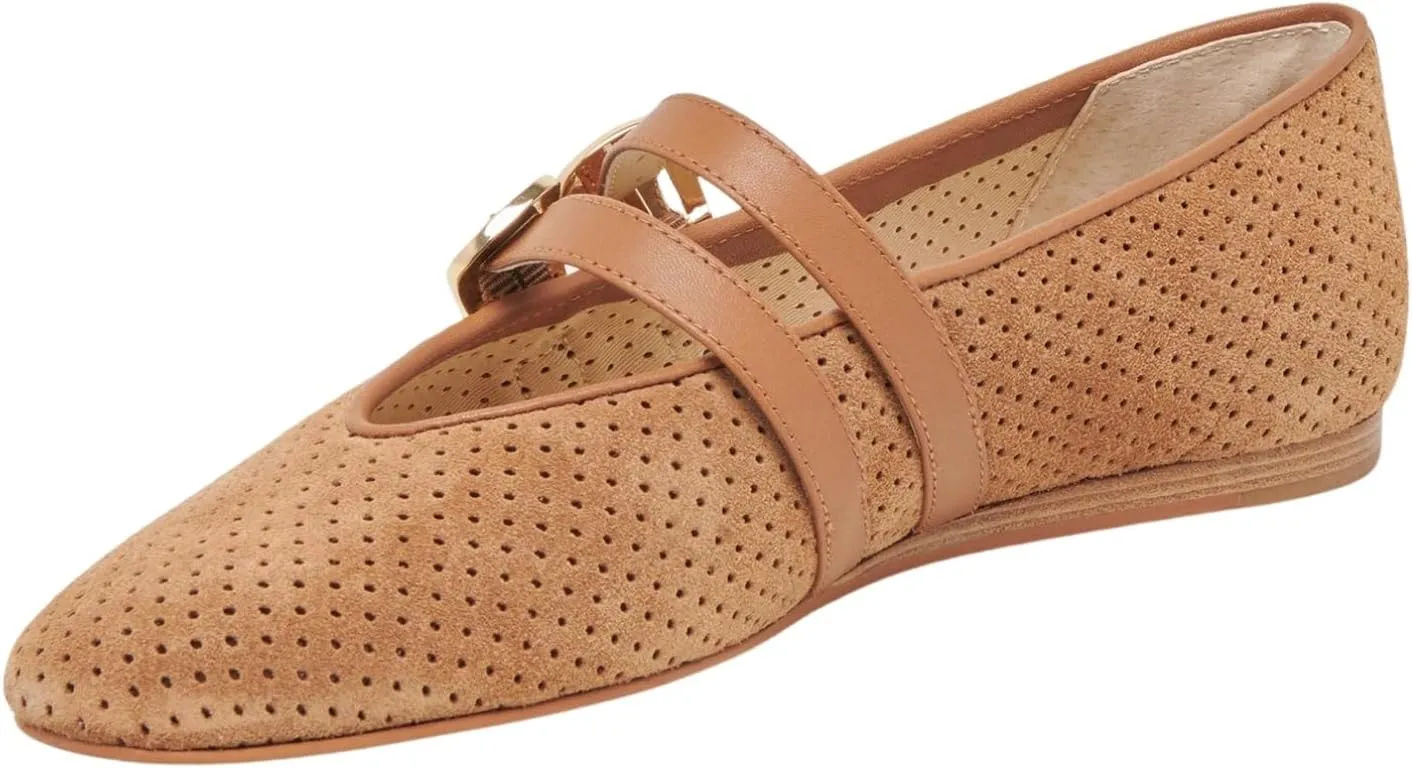 UBWDU Suede Mary Jane Flats for Women Perforated Round Toe Ballet Flats Comfortable Ballerina Shoes with Double Buckle Strap