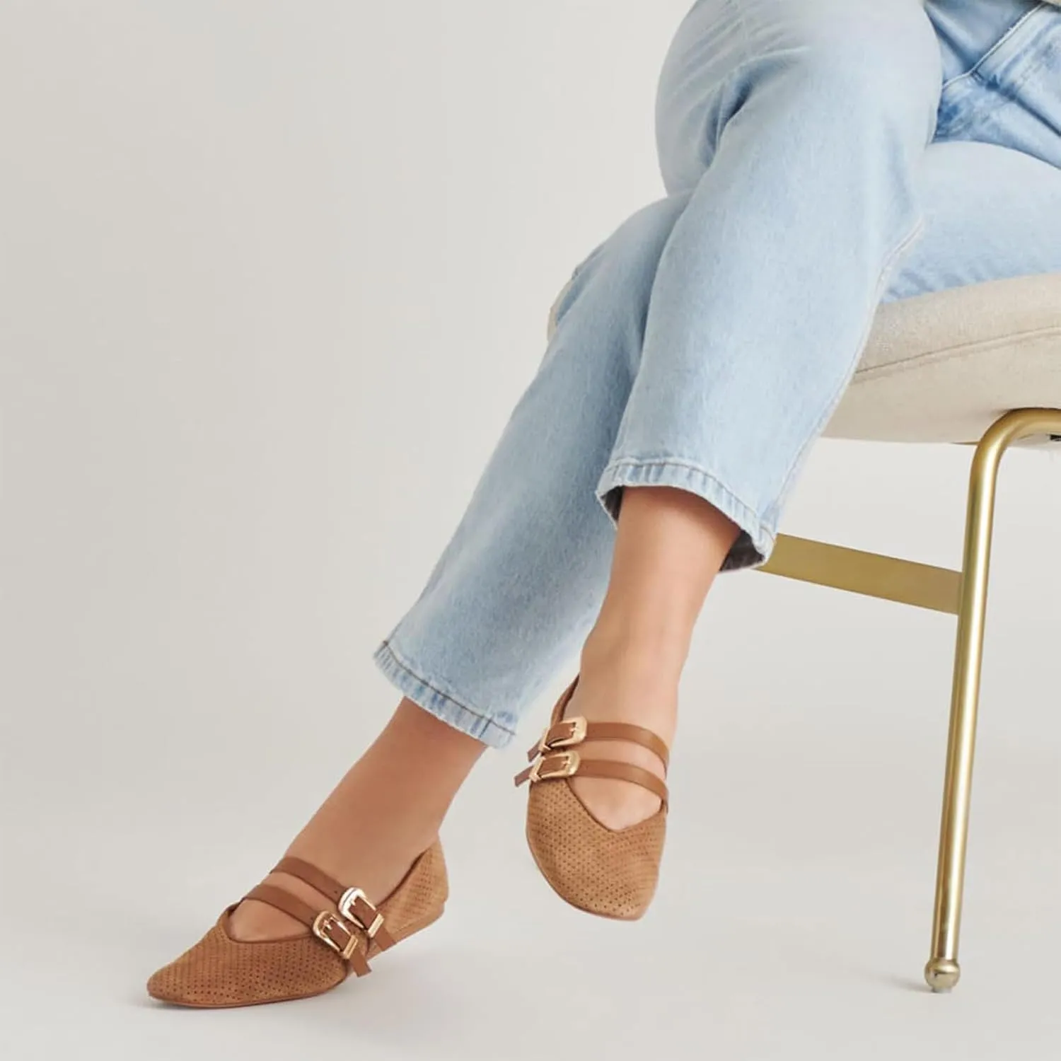 UBWDU Suede Mary Jane Flats for Women Perforated Round Toe Ballet Flats Comfortable Ballerina Shoes with Double Buckle Strap