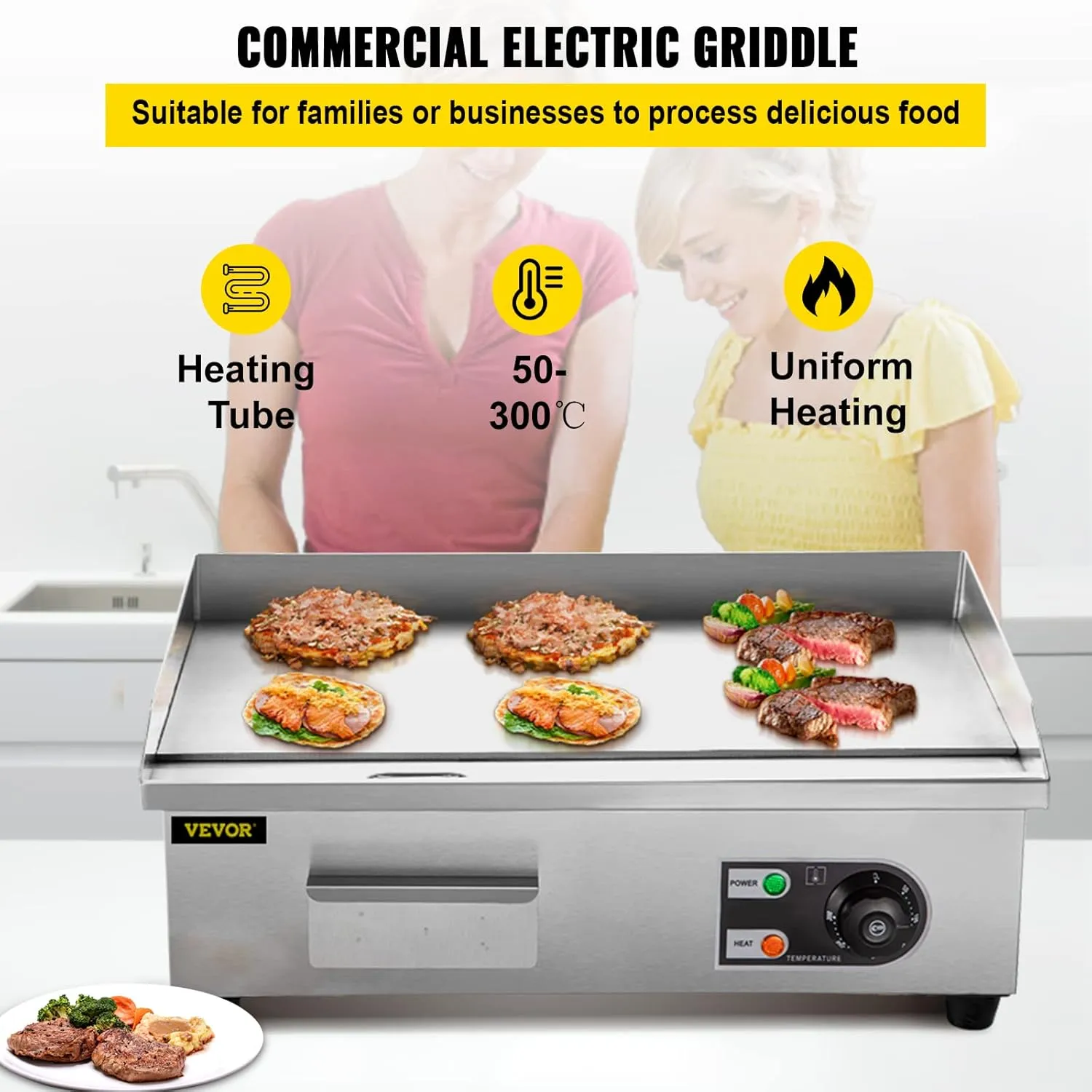 VEVOR Commercial Electric Griddle, 18" Teppanyaki Grill, 1600W Electric Flat Top Grill, Stainless Steel Electric Countertop Griddle w/Drip Hole, 50-300℃ Countertop Griddle for Pancake (No Plug)