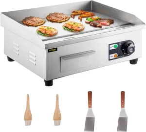 VEVOR Commercial Electric Griddle, 18" Teppanyaki Grill, 1600W Electric Flat Top Grill, Stainless Steel Electric Countertop Griddle w/Drip Hole, 50-300℃ Countertop Griddle for Pancake (No Plug)
