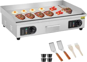 VEVOR Commercial Electric Griddle, 4400W Countertop Flat Top Grill, 122℉-572 ℉ Adjustable Temp, 29in Stainless Steel Griddle Grill with 2 Shovels and 2 Brushes for Home or Restaurant(220V No Plug)