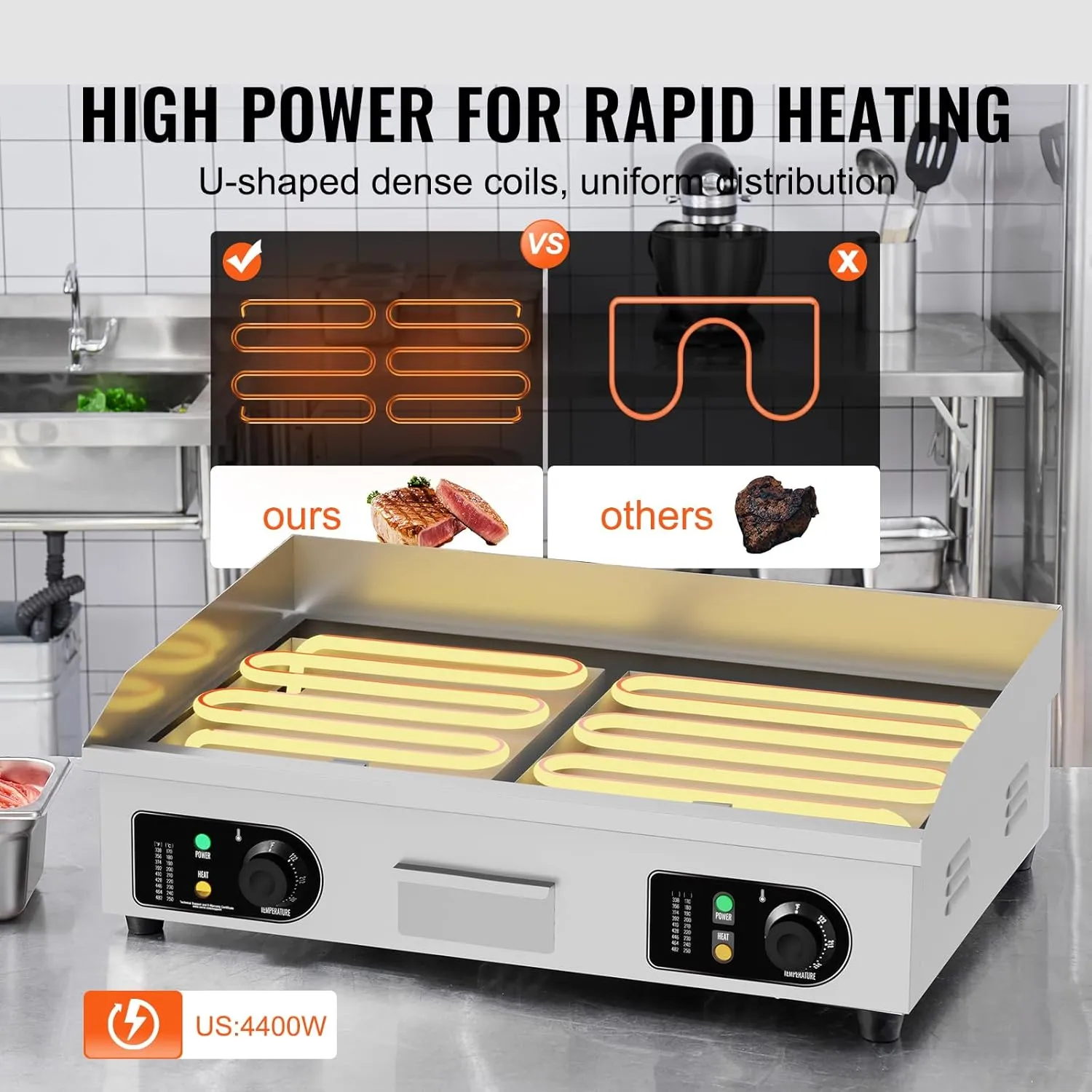 VEVOR Commercial Electric Griddle, 4400W Countertop Flat Top Grill, 122℉-572 ℉ Adjustable Temp, 29in Stainless Steel Griddle Grill with 2 Shovels and 2 Brushes for Home or Restaurant(220V No Plug)
