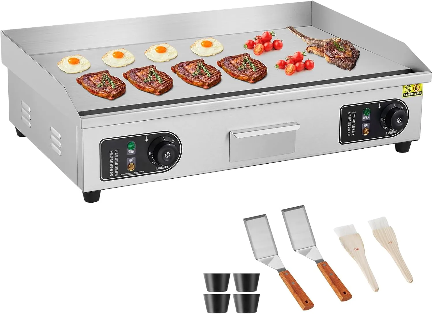VEVOR Commercial Electric Griddle, 4400W Countertop Flat Top Grill, 122℉-572 ℉ Adjustable Temp, 29in Stainless Steel Griddle Grill with 2 Shovels and 2 Brushes for Home or Restaurant(220V No Plug)