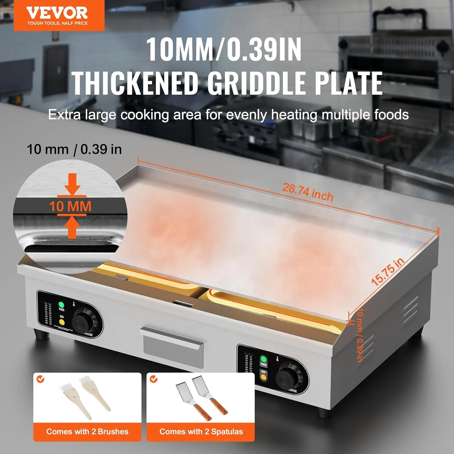 VEVOR Commercial Electric Griddle, 4400W Countertop Flat Top Grill, 122℉-572 ℉ Adjustable Temp, 29in Stainless Steel Griddle Grill with 2 Shovels and 2 Brushes for Home or Restaurant(220V No Plug)