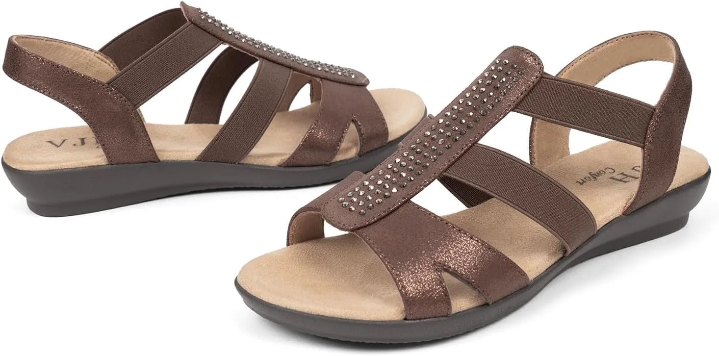 VJH confort Women's Comfort Flat Sandals Summer,with Rhinestone Open Toe Elastic Slip On Slingback Casual Walking Low Heele Sandals