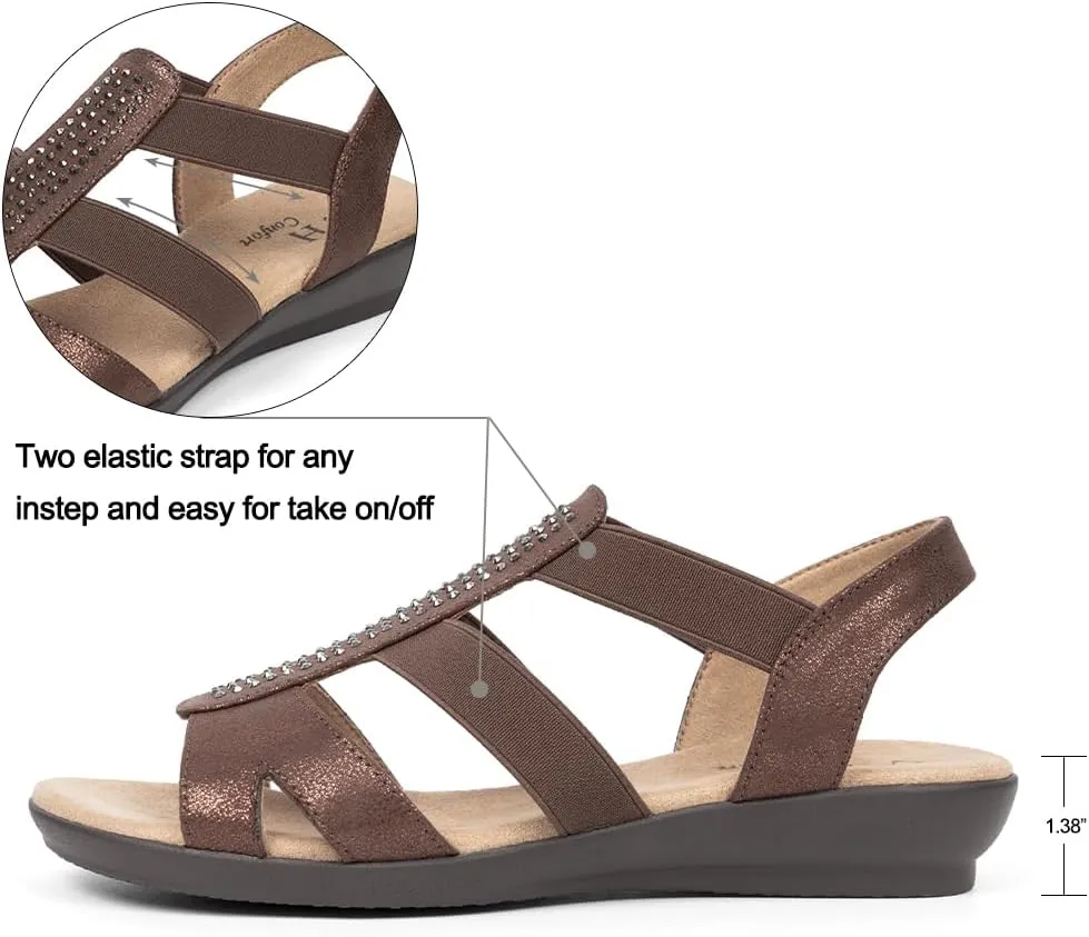 VJH confort Women's Comfort Flat Sandals Summer,with Rhinestone Open Toe Elastic Slip On Slingback Casual Walking Low Heele Sandals