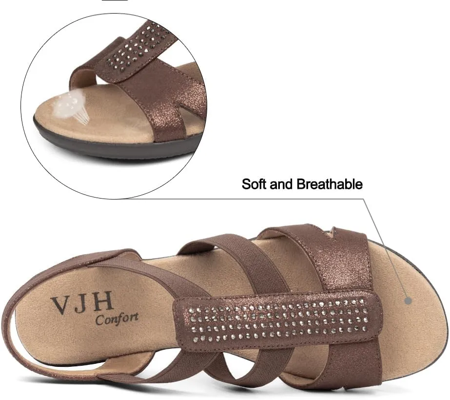VJH confort Women's Comfort Flat Sandals Summer,with Rhinestone Open Toe Elastic Slip On Slingback Casual Walking Low Heele Sandals