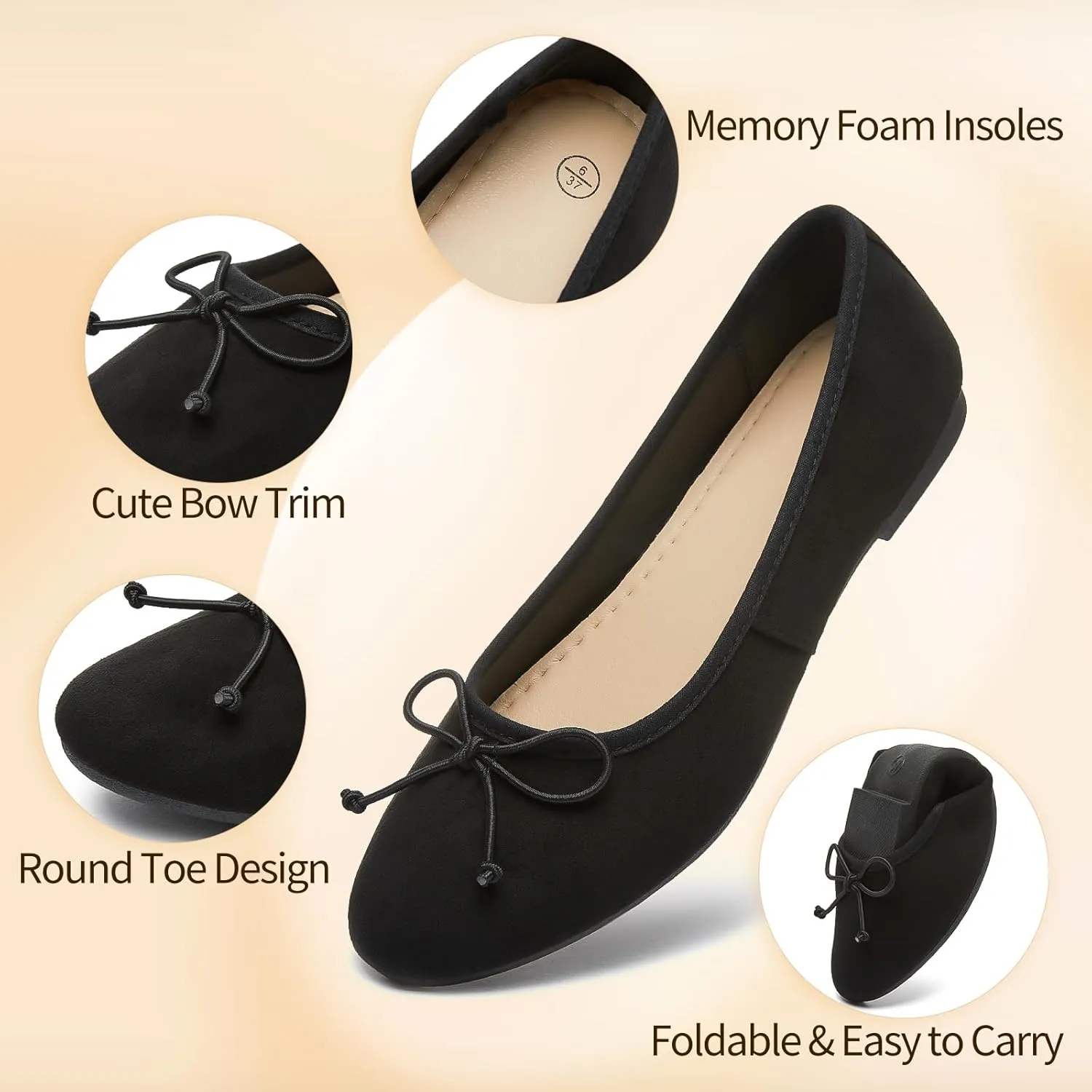 Witwatia Women's Flat Dress Shoes Comfortable Black Ballet Shoes Casual Slip On Dress Shoes Suede Round Toe Flats with Bow