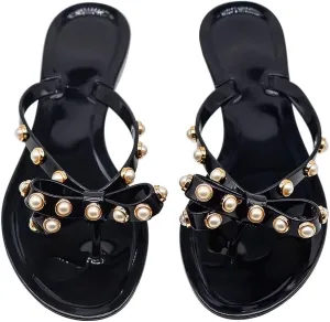 Women Flip-Flops Jelly Thong Rubber Strap Pearled Bow Sandals Beach Flat Rivets Rain Shoes