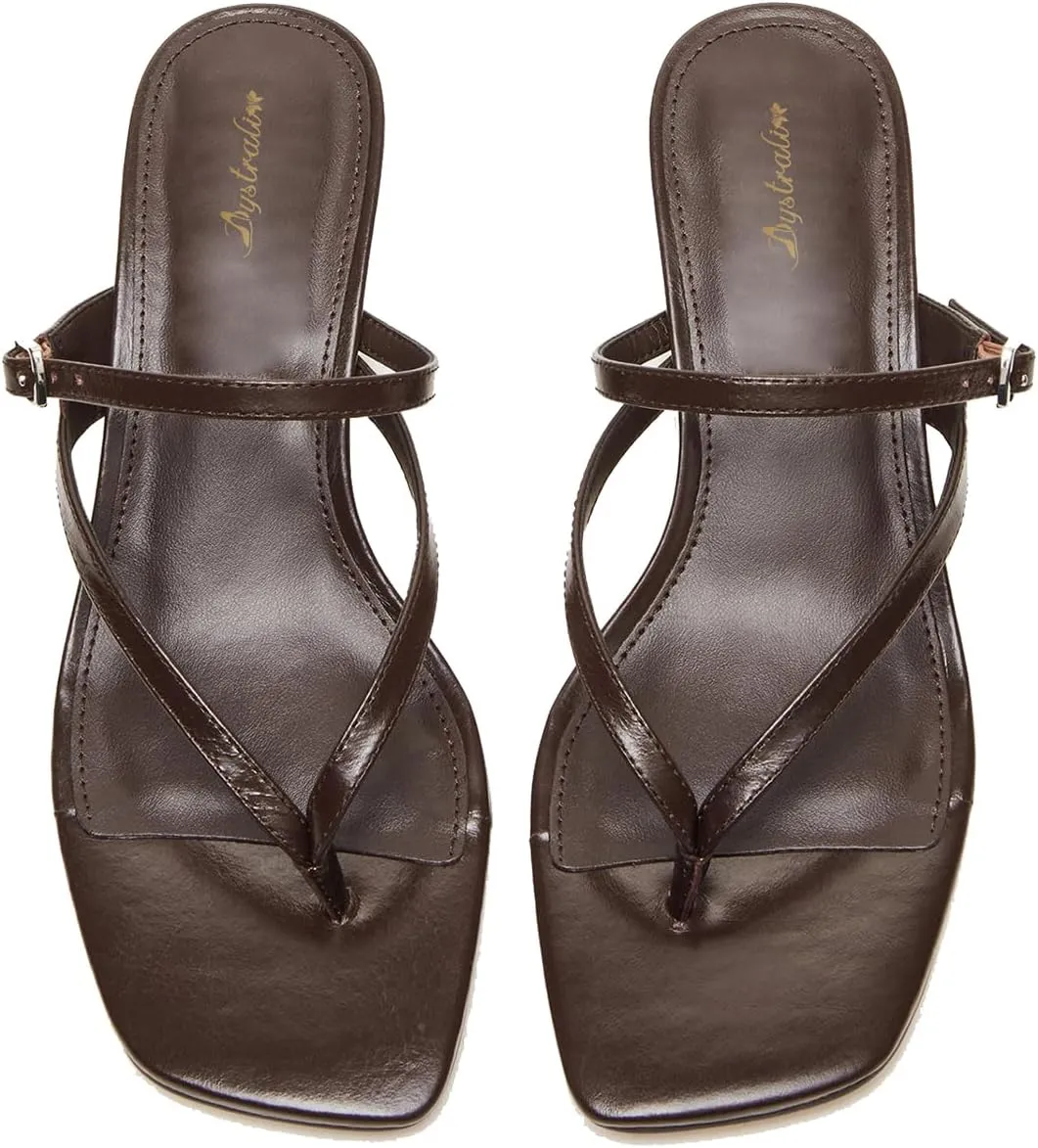 Women Flip-Flops Mules Kitten Heels Square Toe Thong Sandals Buckle Strap Matte Comfy 1 inch Low Heel Slippers T-Straps Open Toe Outdoor Beach Summer Slip On Sandal Heels 4-11 M US