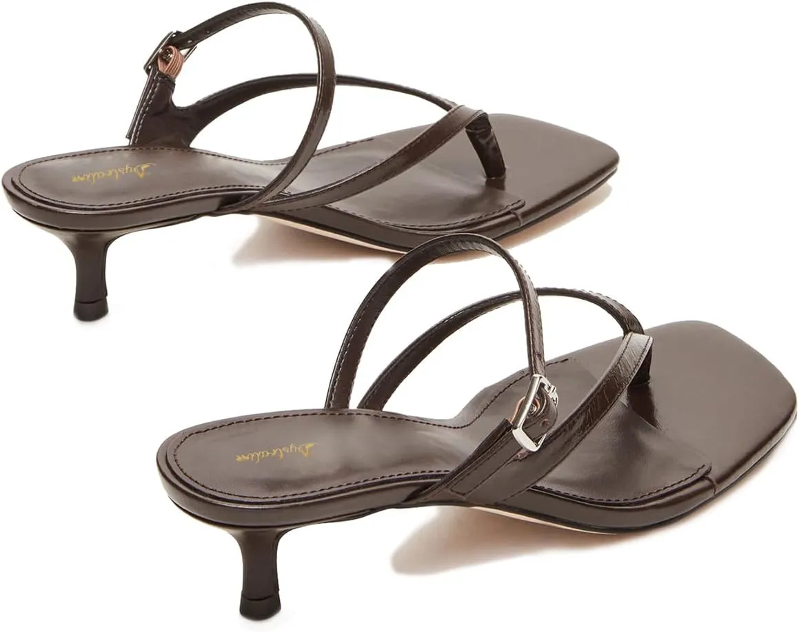 Women Flip-Flops Mules Kitten Heels Square Toe Thong Sandals Buckle Strap Matte Comfy 1 inch Low Heel Slippers T-Straps Open Toe Outdoor Beach Summer Slip On Sandal Heels 4-11 M US
