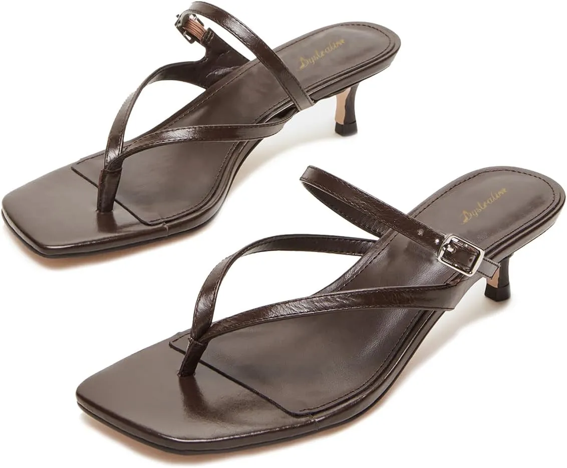 Women Flip-Flops Mules Kitten Heels Square Toe Thong Sandals Buckle Strap Matte Comfy 1 inch Low Heel Slippers T-Straps Open Toe Outdoor Beach Summer Slip On Sandal Heels 4-11 M US