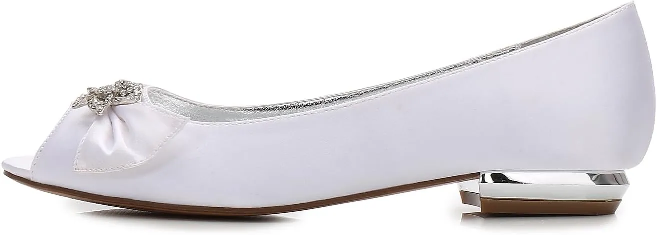 Women's Ballet Flats Slip on Peep Toe Ivory Satin Rubber Sole Wedding Bride Shoes