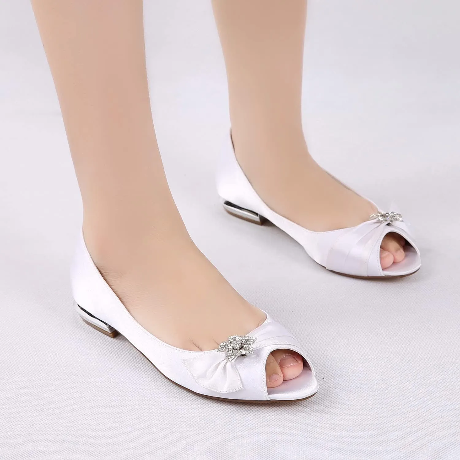Women's Ballet Flats Slip on Peep Toe Ivory Satin Rubber Sole Wedding Bride Shoes