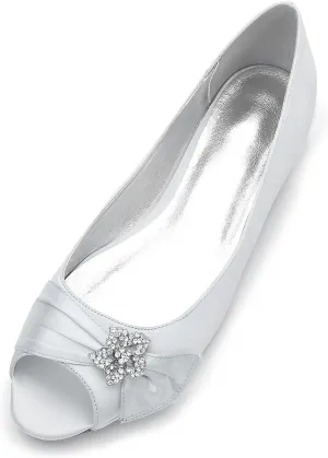 Women's Ballet Flats Slip on Peep Toe Ivory Satin Rubber Sole Wedding Bride Shoes