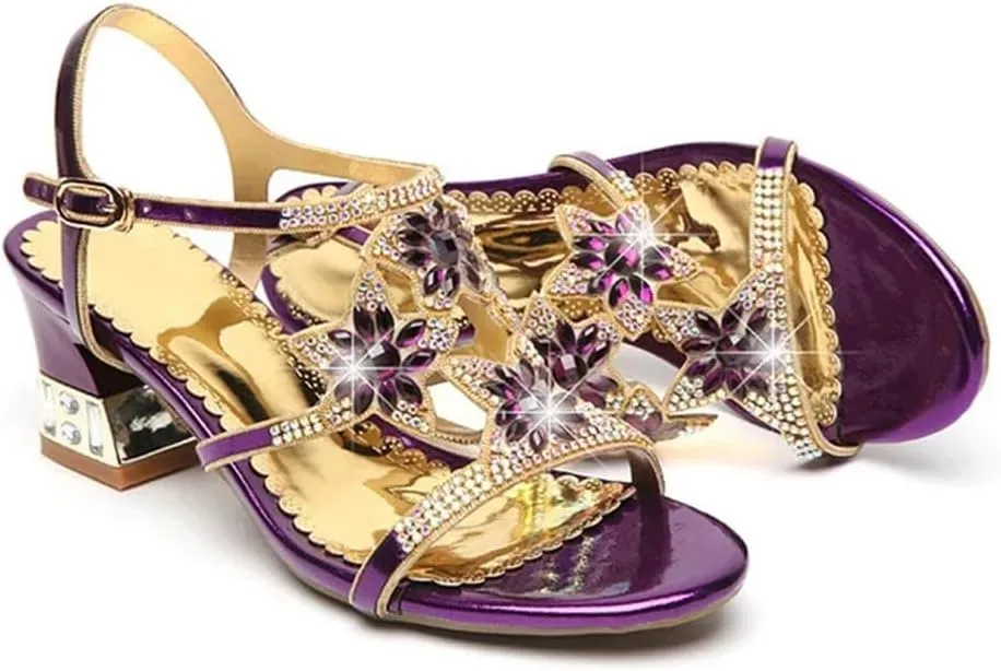 Womens Buckle Strap Back Strap Square Heel Open Side Vamp Basic Sandals Upper Rhinestone Summer Sandals