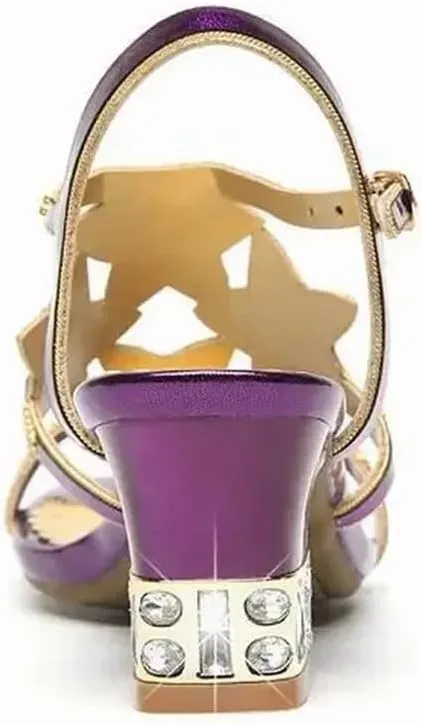 Womens Buckle Strap Back Strap Square Heel Open Side Vamp Basic Sandals Upper Rhinestone Summer Sandals