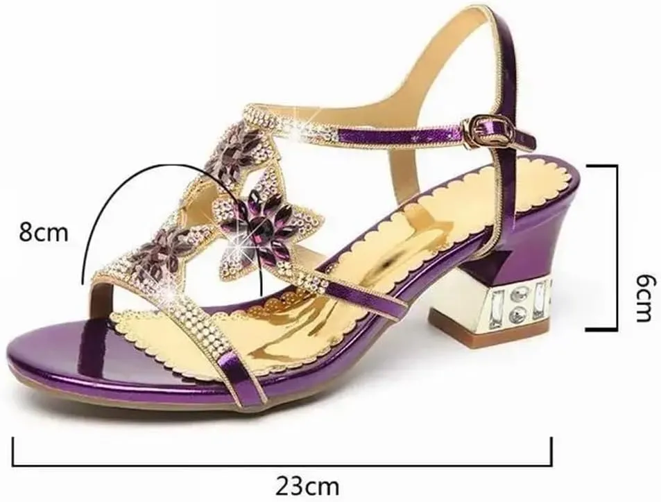 Womens Buckle Strap Back Strap Square Heel Open Side Vamp Basic Sandals Upper Rhinestone Summer Sandals