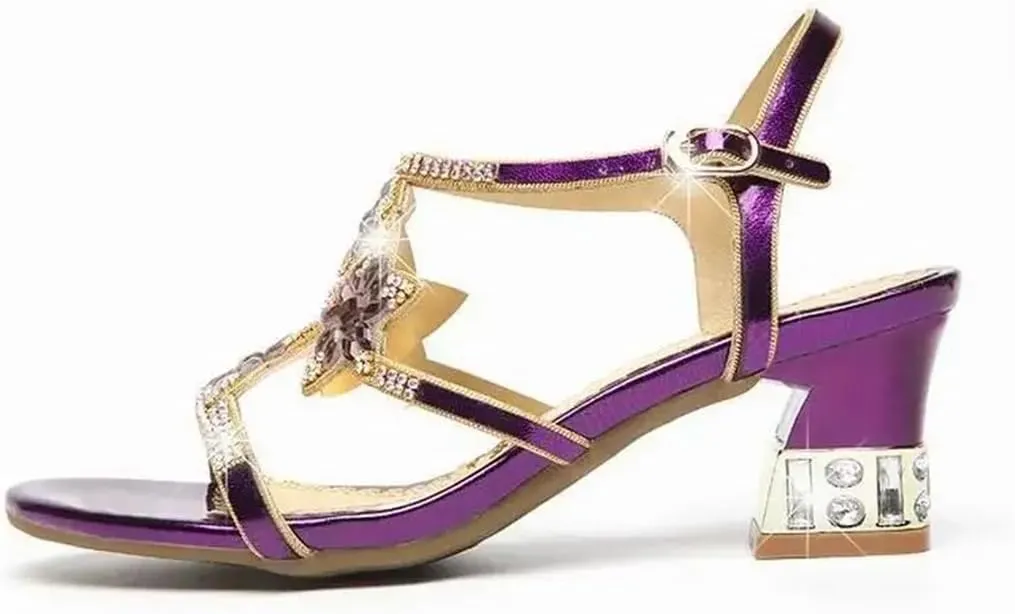 Womens Buckle Strap Back Strap Square Heel Open Side Vamp Basic Sandals Upper Rhinestone Summer Sandals