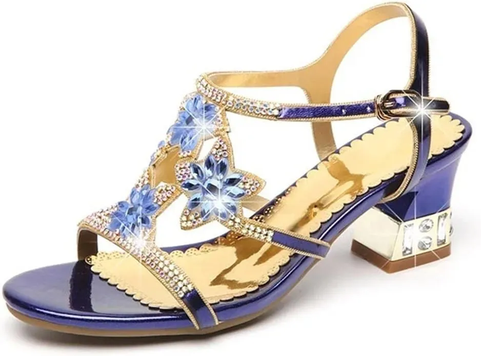 Womens Buckle Strap Back Strap Square Heel Open Side Vamp Basic Sandals Upper Rhinestone Summer Sandals