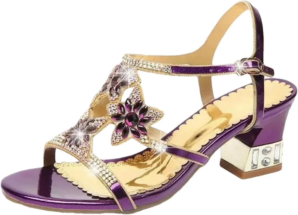 Womens Buckle Strap Back Strap Square Heel Open Side Vamp Basic Sandals Upper Rhinestone Summer Sandals