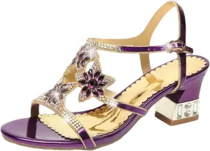 Womens Buckle Strap Back Strap Square Heel Open Side Vamp Basic Sandals Upper Rhinestone Summer Sandals