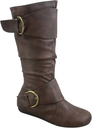 Women's Closed Round Toe Buckle Side Zip Buckle Slouch Flat Heel Mid-Calf Boot