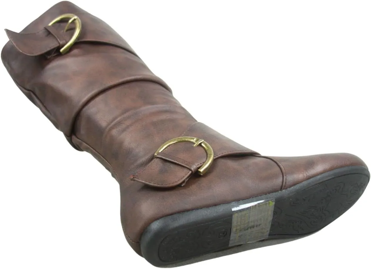 Women's Closed Round Toe Buckle Side Zip Buckle Slouch Flat Heel Mid-Calf Boot