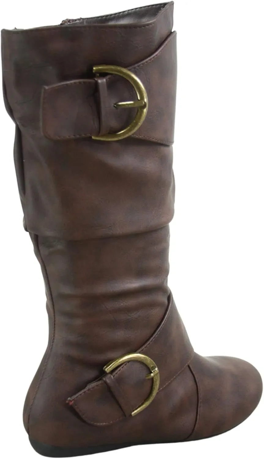 Women's Closed Round Toe Buckle Side Zip Buckle Slouch Flat Heel Mid-Calf Boot