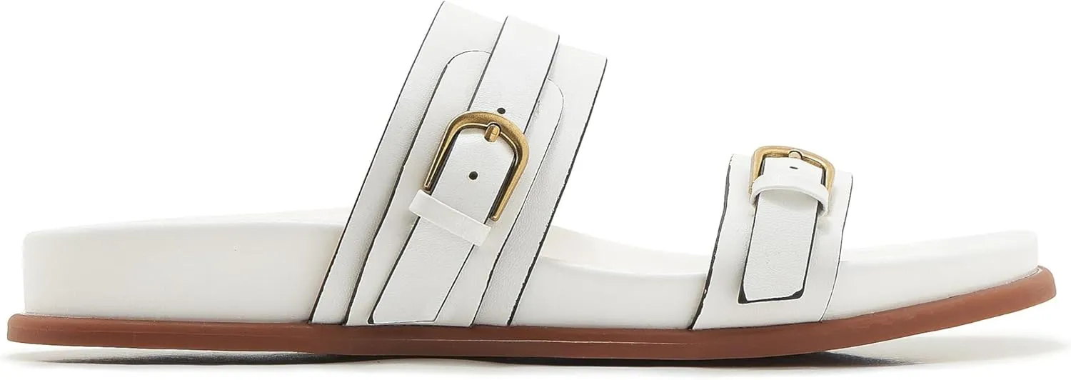Women's Flat Sandals Open Toe Double Buckle Adjustable Slide Sandal Rubber Footbed Summer Comfort Slippers