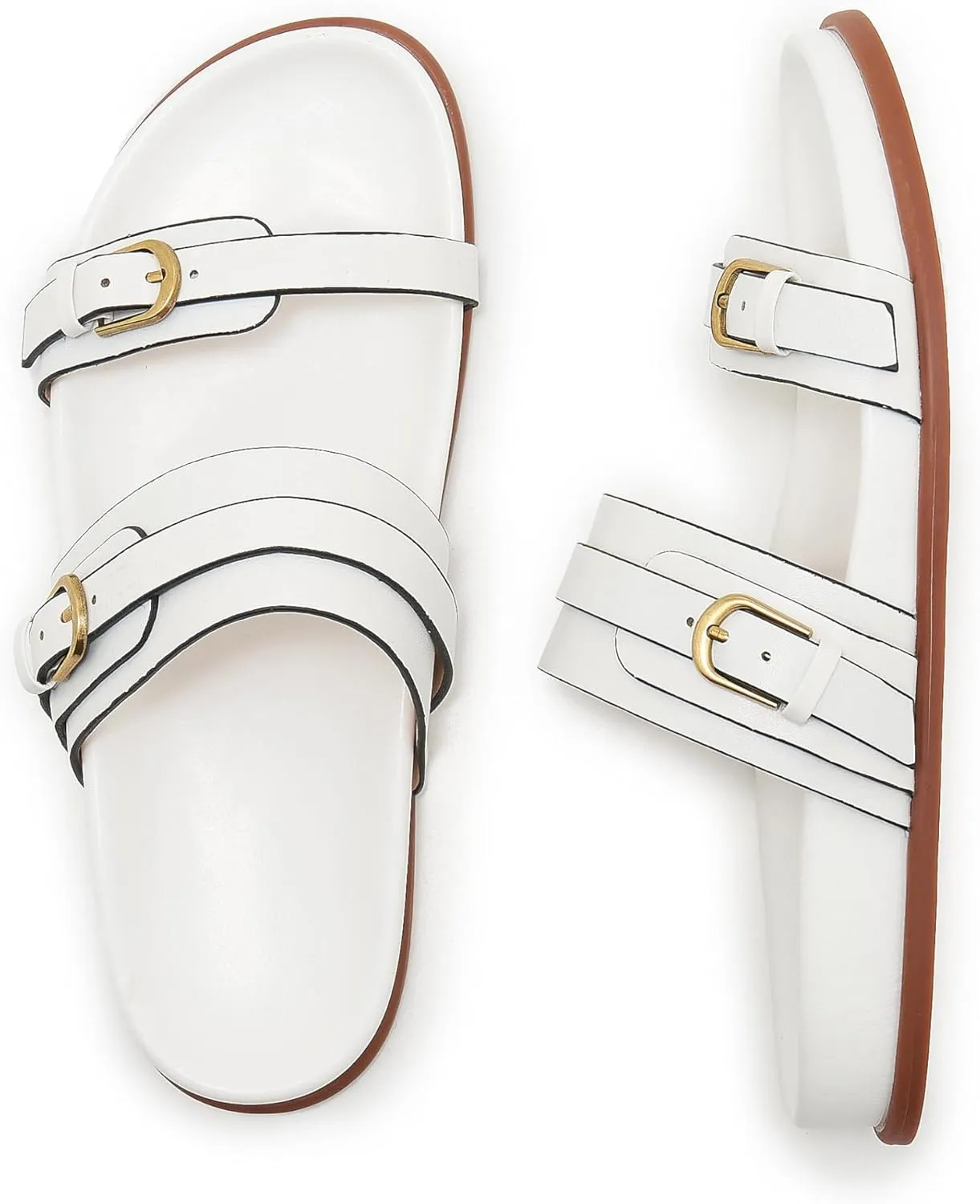 Women's Flat Sandals Open Toe Double Buckle Adjustable Slide Sandal Rubber Footbed Summer Comfort Slippers