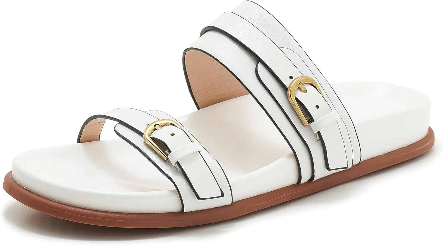 Women's Flat Sandals Open Toe Double Buckle Adjustable Slide Sandal Rubber Footbed Summer Comfort Slippers