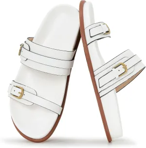 Women's Flat Sandals Open Toe Double Buckle Adjustable Slide Sandal Rubber Footbed Summer Comfort Slippers