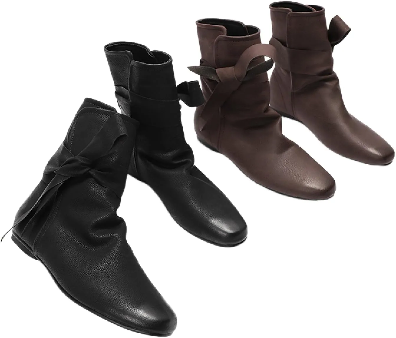 Women's Medieval Bow Strap Ankle Faux Leather Boots Fashion Casual Ruched Suede Lace up Flat Heel Short Tube Cuff Shoes