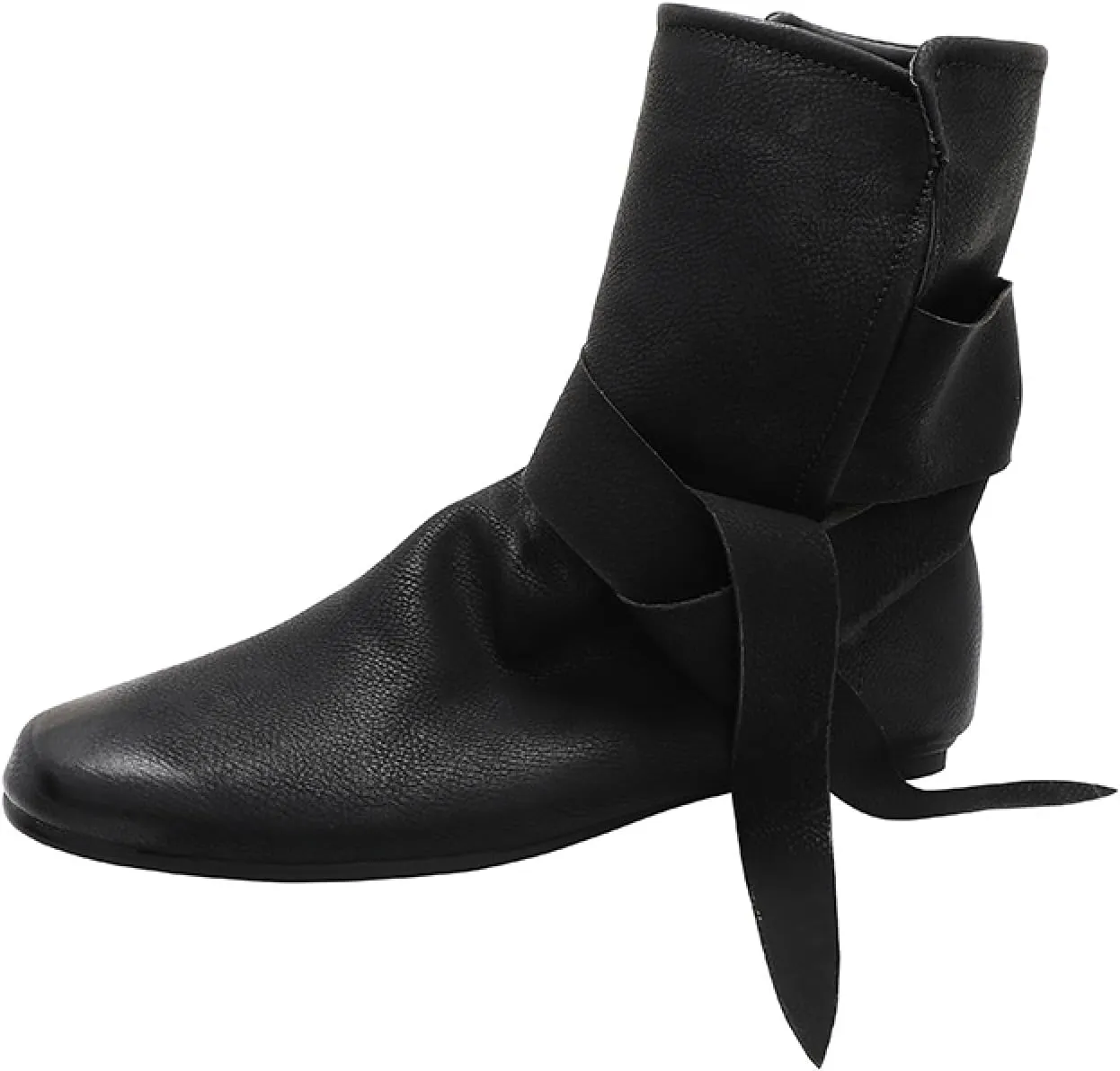 Women's Medieval Bow Strap Ankle Faux Leather Boots Fashion Casual Ruched Suede Lace up Flat Heel Short Tube Cuff Shoes