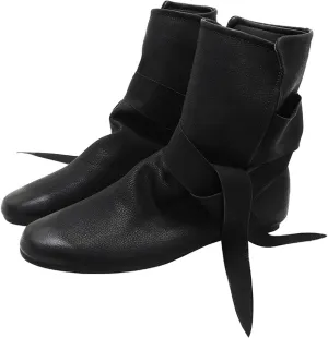 Women's Medieval Bow Strap Ankle Faux Leather Boots Fashion Casual Ruched Suede Lace up Flat Heel Short Tube Cuff Shoes