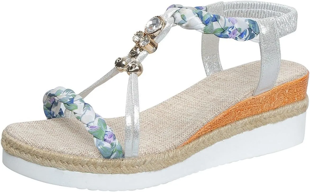 Women's Round Toe Flat Wedge Beaded Open Toe Bohemian Platform Sandals Women Beach Sandals Size 6