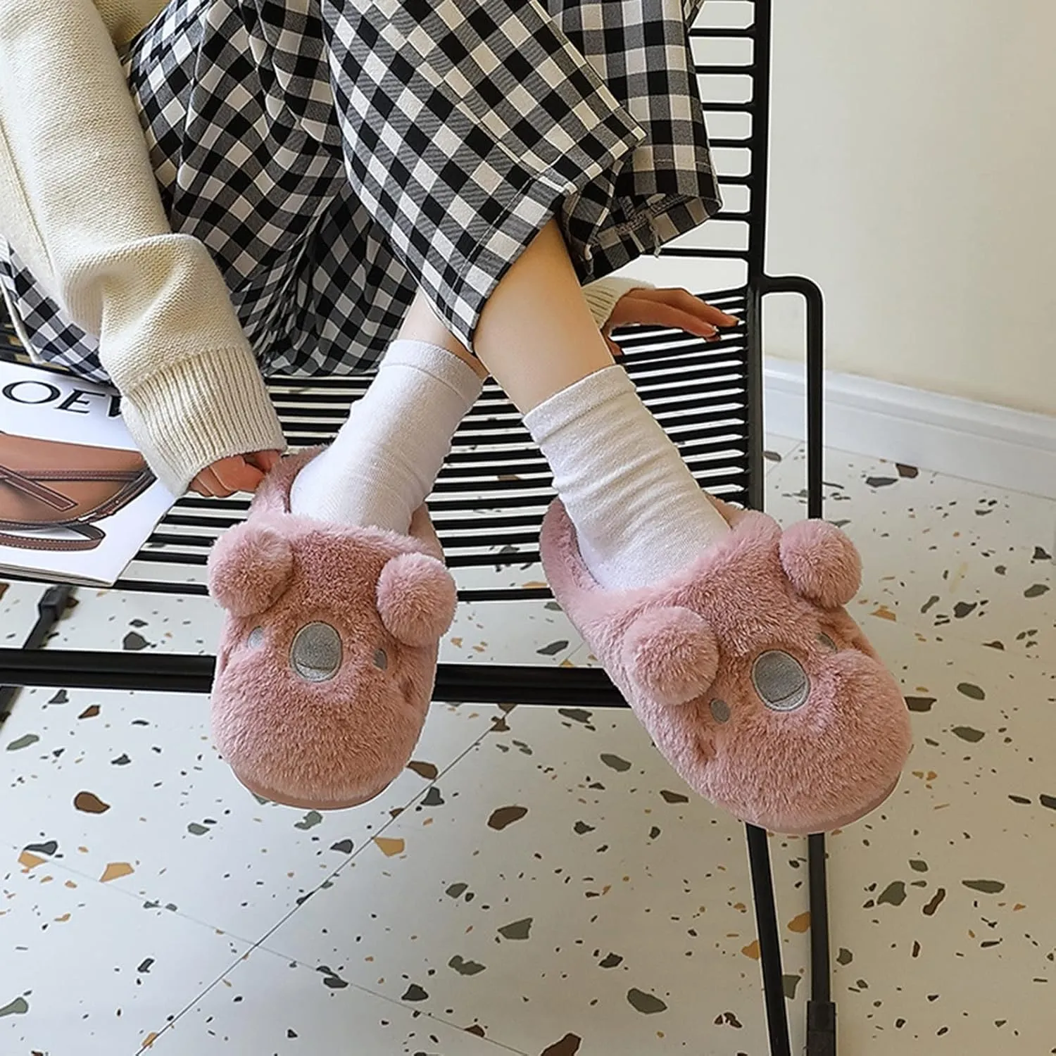 Womens Unisex Warm Fuzzy Soft Plush House Slippers Cute Sleeping Koala Animal Bedroom Home Shoes with Non-Slip Waterproof Rubber Sloe Indoor