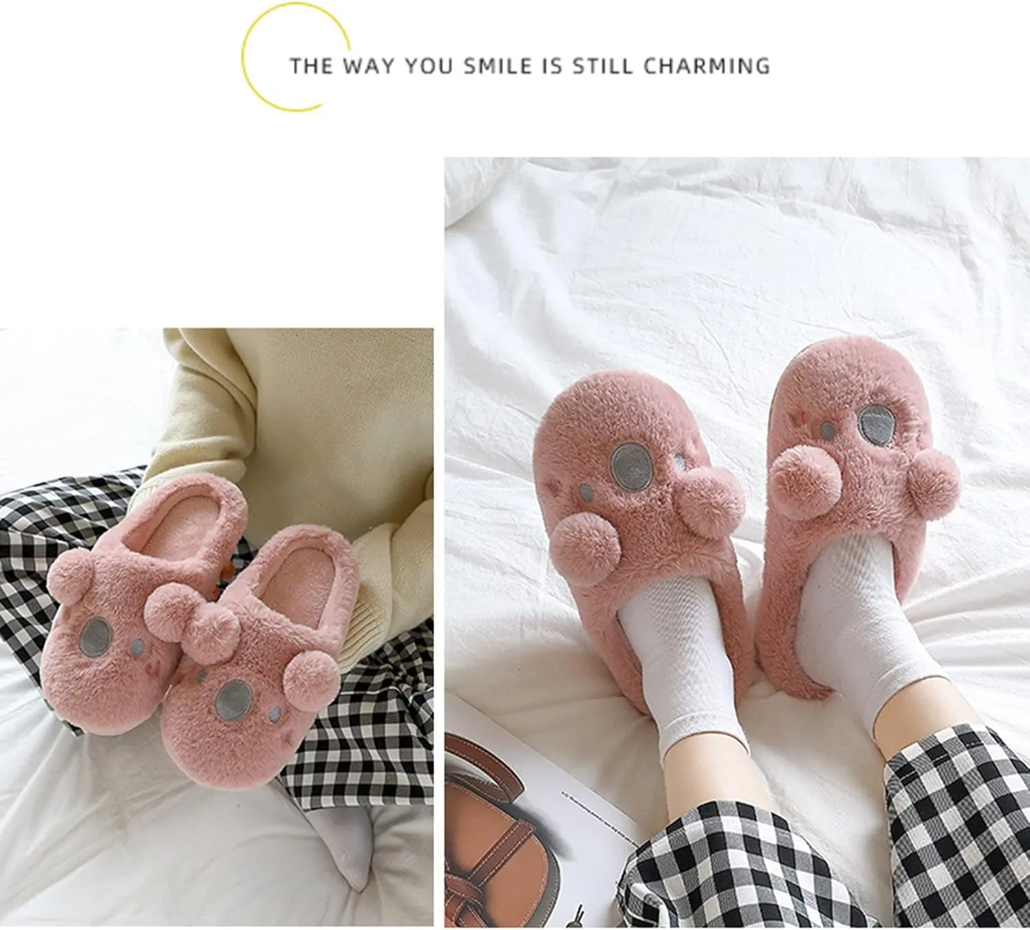 Womens Unisex Warm Fuzzy Soft Plush House Slippers Cute Sleeping Koala Animal Bedroom Home Shoes with Non-Slip Waterproof Rubber Sloe Indoor