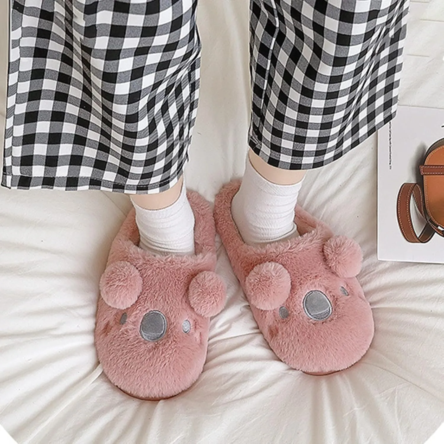 Womens Unisex Warm Fuzzy Soft Plush House Slippers Cute Sleeping Koala Animal Bedroom Home Shoes with Non-Slip Waterproof Rubber Sloe Indoor