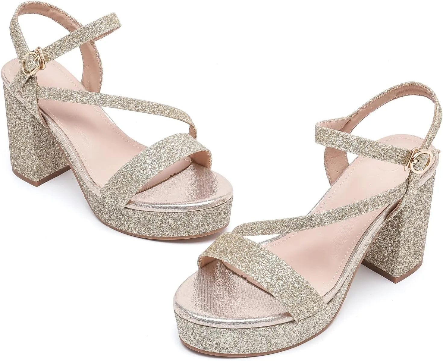 WUIWUIYU Women's Girls' Platform Heels High Block Chunky Heel Open Toe Ankle Strap Shiny Heeled Sandals Wedding Party Evening Prom Dance Dress Sandals