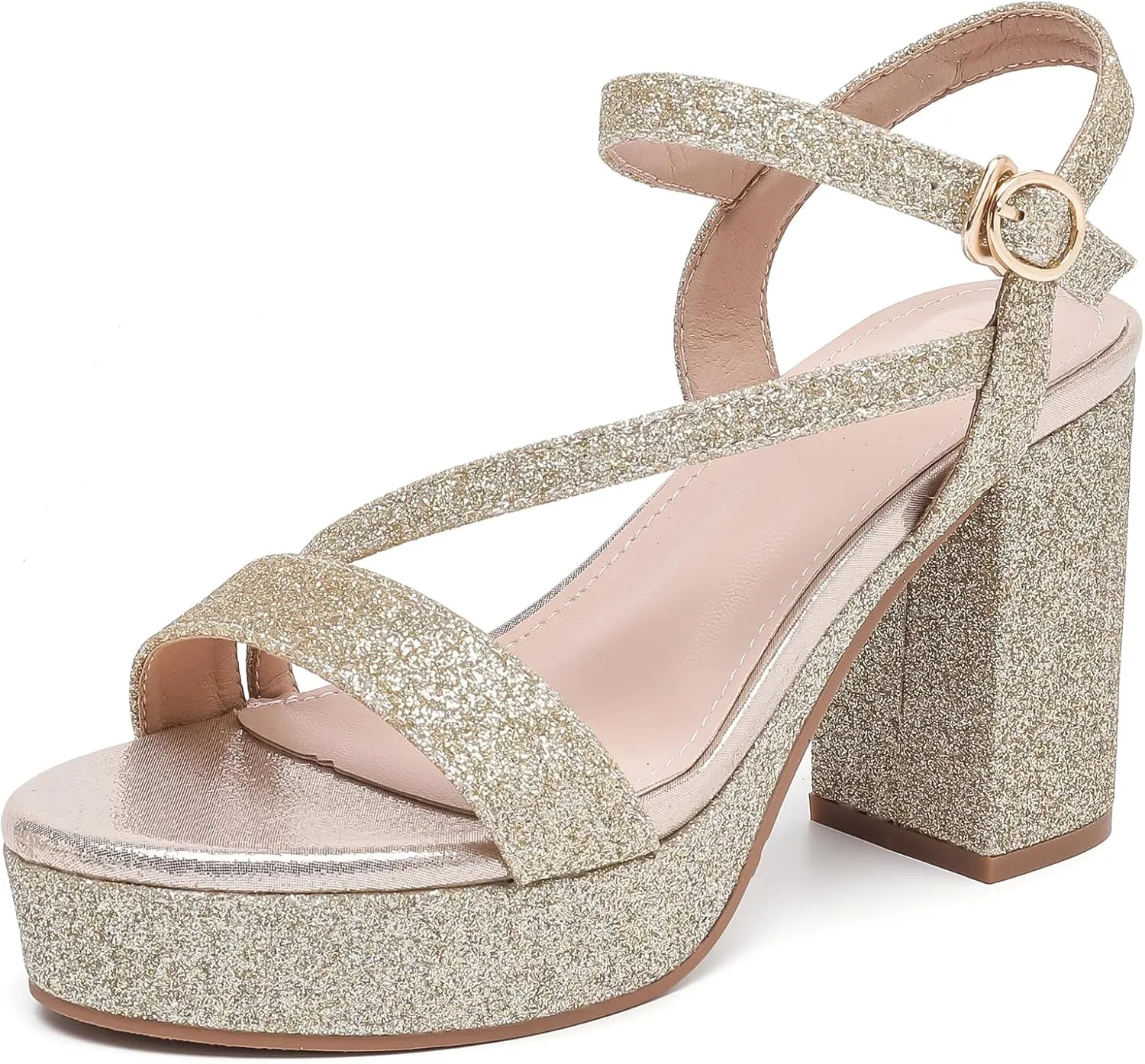 WUIWUIYU Women's Girls' Platform Heels High Block Chunky Heel Open Toe Ankle Strap Shiny Heeled Sandals Wedding Party Evening Prom Dance Dress Sandals