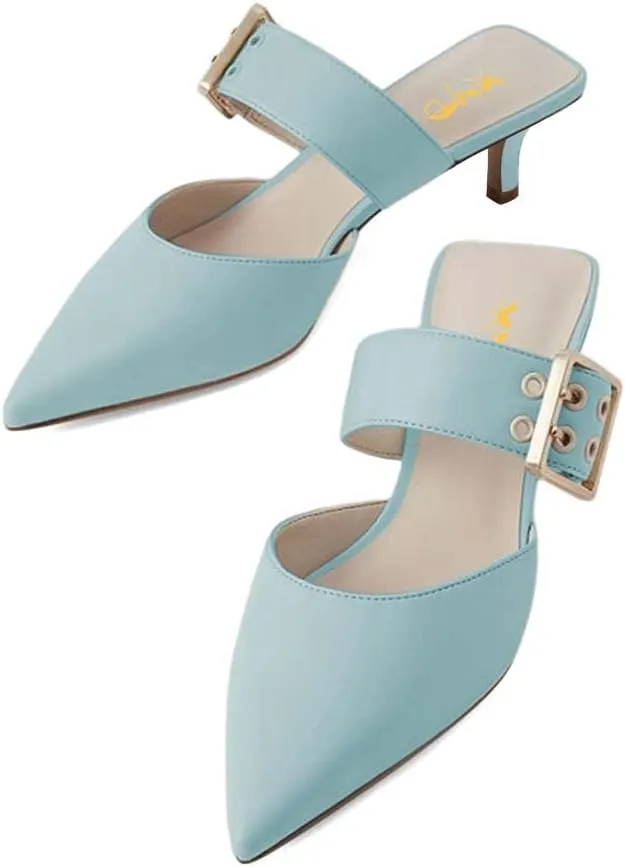 XYD Women Chic Mid Kitten Heel Slip On Slide Mules Buckled Backless Closed Pointed Toe Sandals Summer Comfy Outdoor Dress Shoes