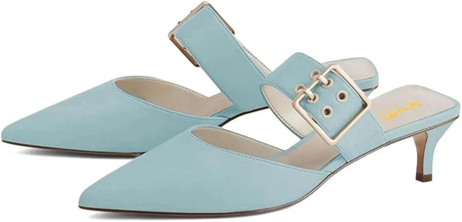 XYD Women Chic Mid Kitten Heel Slip On Slide Mules Buckled Backless Closed Pointed Toe Sandals Summer Comfy Outdoor Dress Shoes