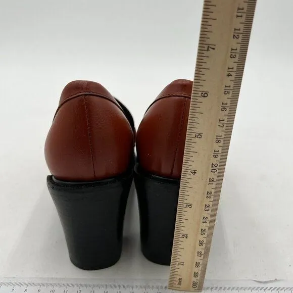 YDN Pure Brown Chunky High Heels Round Toe Oxford Loafer Shoes Slip On Pumps