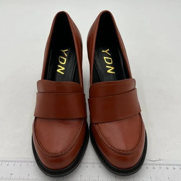 YDN Pure Brown Chunky High Heels Round Toe Oxford Loafer Shoes Slip On Pumps